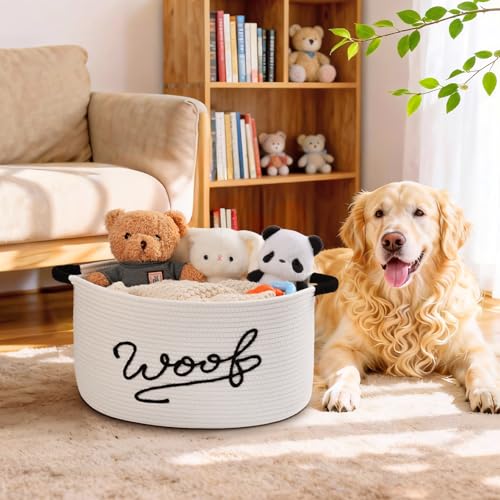 Woof Dog Toy Basket, Large Dog Toy Storage Bin with Durable Handles, Woven Dog Basket for Blankets, Toys, Chews, Pet Toy Storage Box for Nursery, Living Room, Bedroom, 17”x12”x9, White - color: White