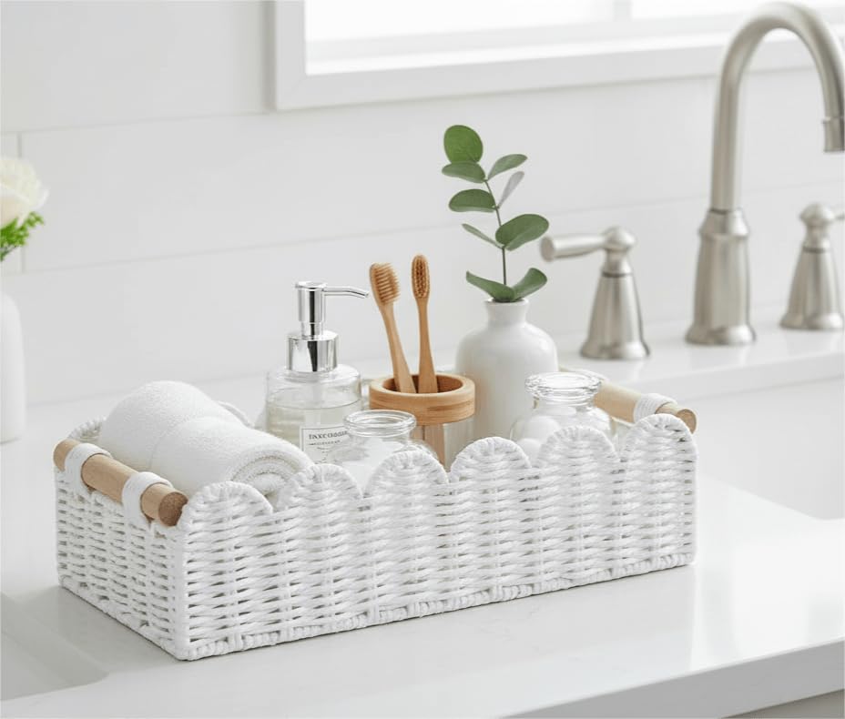 CubesLand Scalloped Edge Toilet Paper Storage Basket, Living Room Home Cozy Decor Basket, Paper Rope Small Baskets for Over Toilet Storage Shelf, End Table, Shelves, with 2 Wooden Handles, White - color: White, size: M - 14"L x 6.3"W x 3.9"H