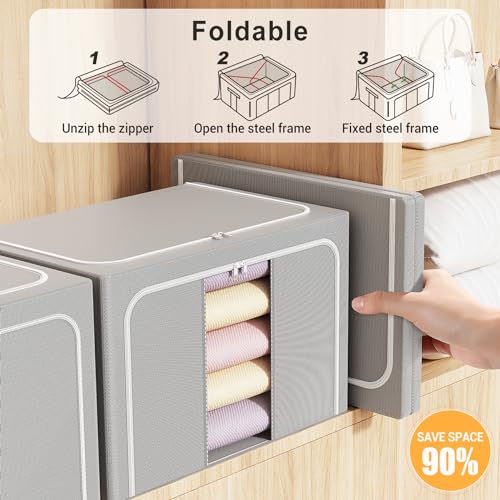 Clothes Storage Bins with Metal Frame Foldable Storage Box Clothes Organizers Storage Containers for Clothes Sheets Blankets Books Toys Gifts and Holiday Decorations (100Lx3 Pack) - color: Light gray, size: 100L(23.6''X16.5"X15.7")
