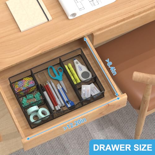 VyGrow Desk Drawer Organizer Tray, Metal Mesh Drawer Organizers Office, 6 Adjustable Compartment, Desk Organizer Tray for Home Office 12 x 8.26 x 1.96 inch, Black, 1 Pack - color: 1PC Small