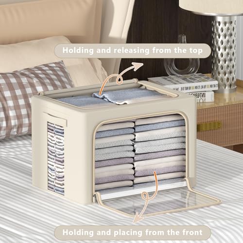 CYhom 3Pack Frame Storage Box - Clothes Storage Bin Bags Oxford Fabric Foldable Stackable Container Organizer Set with Clear Window & Carry Handles (Beige, X-Small-36L) - color: Beige, size: Small-36L