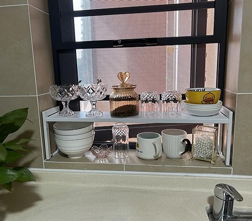 Expandable Cabinet Shelf Organizer 16-26" L Stackable Kitchen Counter Shelf Rack Stand Sink Riser Countertop Storage White (Narrow 5.1”D) - color: White, size: 5.1"D (narrow) - 1 Pack