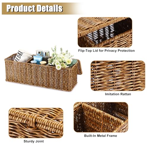 Sumnacon Wicker Storage Basket with Lid, Rectangular Narrow Baskets for Bathroom, Farmhouse Imitation Rattan Bin with Dividers, Decorative Handwoven Tray Organizer for Countertop Shelves Toilet Tank - color: Brown