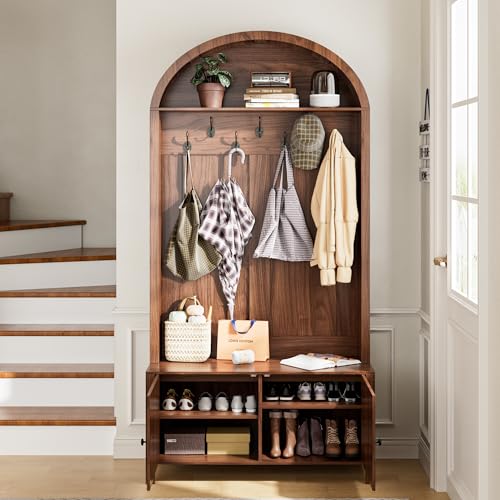 Hall Tree with Bench and Shoe Storage, Entryway Storage Bench with Coat Rack, 78.74" Coat Rack with 7 Hooks and Adjustable Shelves, Farmhouse Style Furniture Organizer for Hallway (Walnut, 78.74"H) - size: 78.74"H
