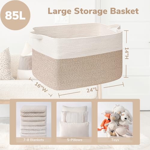 Goodpick Extra Large Woven Blanket Basket, 23.6" x 15.7" x 13.8" Storage Organizer for Blankets, Toys, Dirty Clothes, Rectangle Cotton Rope Basket for Living Room, Nursery, Bedroom - color: White & Light Brown, size: X-Large(23.6"L x 15.7"W x 13.8"H)