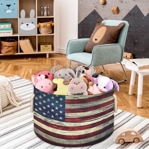 Large Round Storage Basket Vintage American Flag Collapsible Circle Storage Bin Basket Laundry Hamper With Handle for Kids Boy Girls Toy Bedroom Living Room Nursery Room Decor Storage Organizer - color: C:Flag