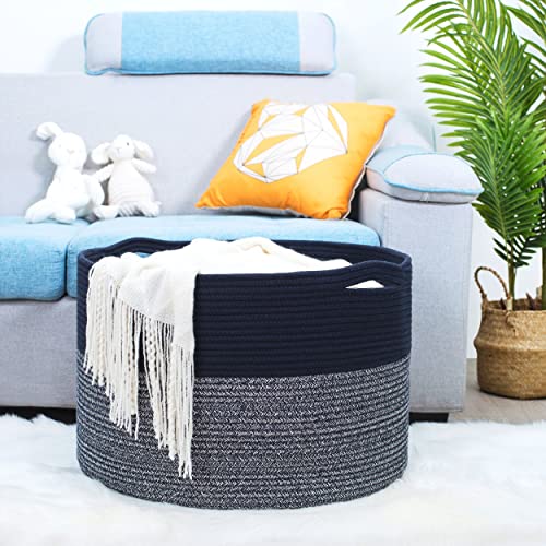 MINTWOOD Design Extra Large 22 x 14 Inches Blanket Storage Basket, Laundry Basket, Decorative Woven Cotton Rope Baskets for Blanket Storage Living Room, Dog Toy Storage Basket Bin, Navy Blue - color: Navy Blue