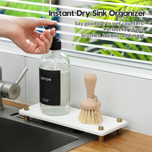 Razborci Water Absorbing Stone Sink Caddy Kitchen Sink Organizer Tray, Diatomite Bathroom Counter Tray, Gold Faucet Drying Mat Coaster Soap Dish Rack Riser Dispenser Sponge Holder, White 10" x 4" - color: White - Gold, size: 10" x 4" x 1"