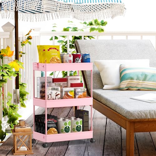 SPACEKEEPER Rolling Storage Cart 3 Tier, Bathroom Cart Organizer Laundry Room Organizer Utility Cart Mobile Shelving Unit Multi-Functional Shelves for Office, Kitchen, Bathroom, Pink - color: Pink, size: 3 Tier