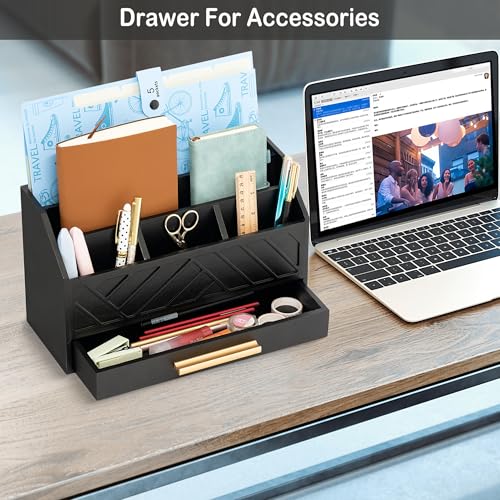 dreampossible Black Wood Desk Organizer and Accessories with Drawer, Bill Mail Organizer and File Mail Holder for Office Supplies, Modern Desk Accessories & Workspace Organizers for Desk Organization - color: Black A