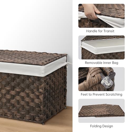 Wicker Storage Basket with Lid, 17.2 Gallon (65L) Small Blanket Basket with Lid, Woven Storage Bin with Handles, Removable Liner, Metal Frame, Foldable, for Bedroom, Laundry Room, Brown - color: Brown, size: 65L:13.4 x 21.9 x 13.4 Inches