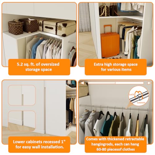 Vomavex Corner Closet System with 3 Hanging Rods, 30.8”-70.2” L Shaped Freestanding Closet Organizer for Walkin Closet, Corner Wardrobe, White
