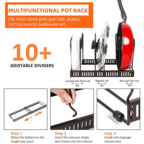 Pot Rack Organizer -Expandable Pot and Pan Organizer for Cabinet,Pot Lid Organizer Holder with 10 Adjustable Compartment for Kitchen Cabinet Cookware Baking Frying Rack,Bronze - color: BRONZE