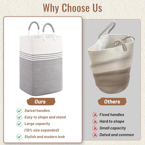 Laundry Basket Hamper,Blanket Storage,Dirty Clothes Hamper with Swivel Handles,Woven Cotton Rope Toy Baskets,Blanket Basket Living Room,Decorative Hampers for Nursery,Bedroom,White & Gray,80L - color: White & Gray, size: 80L