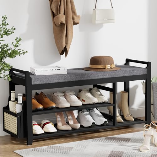 Homaxy 2-Tier Shoe Rack Bench with Side Holder, 39.4 in Bamboo Entryway Bench, Shoe Rack Organizer with Cushion for Front Entrance, Hallway Living Room Bedroom, Black and Dark Grey - color: Black and Dark Grey, size: 39.4 in