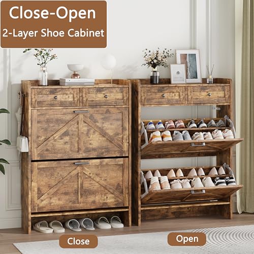 Shoe Cabinet with 2 Flip Drawers & 2 Top Drawers, 43" Tall Freestanding Narrow Wooden Shoe Storage Organizer for Entryway, Hidden Slim Shoe Rack for Front Door Entrance, Hallway, Living Room, Brown - color: Brown, size: 2 Flip Drawers