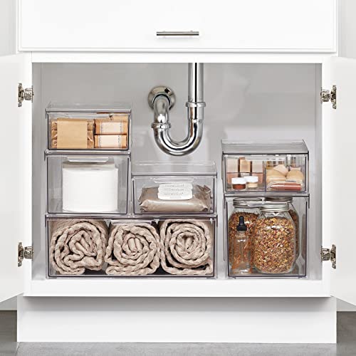 mDesign Plastic Stackable Bathroom Storage Organizer Bin with Pull Out Drawer for Cabinet, Vanity, Shelf, Cupboard, Cabinet, or Closet Organization - Lumiere Collection - 4 Pack - Clear - size: 8 x 12 x 4 (Pack of 4)