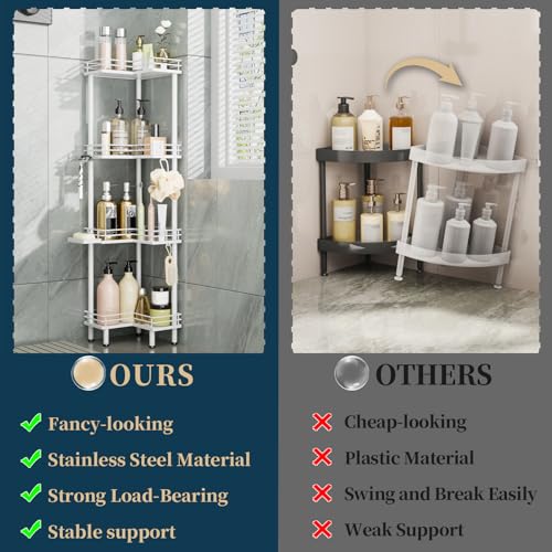Consumest Corner Shower Caddy Standing - 4-Tier Stainless Steel Shower Organizer with Soap Holder and 4 Hooks, Large Capacity Corner Shelf Stand for Bathroom, Rest Room, White - color: White, size: 4 Tier