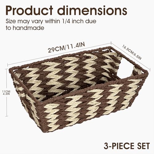 Paper Rope Storage Baskets for Shelves Organizing, Small Hand Woven Wicker Organizer Basket with Handle for Bathroom Toilet Paper Storage, Beige and Brown, 3-Pack - color: Paper Rope Beige&brown, size: 3 Pack