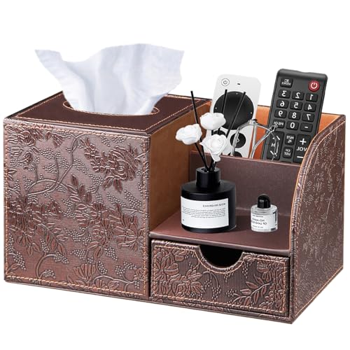 YAPISHI Square Tissue Box Cover with Storage Drawer, PU Leather Facial Tissues Cube Boxes Holder Modern Makeup Remote Control Holder, Nightstand Organizer Caddy for Bathroom Vanity, Office, Home Decor - color: Archaize