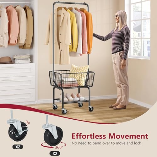 Tajsoon Laundry Cart with Hanging Rack, Metal Laundry Basket with Wheels, Laundry Hamper with Storage Basket and Shelf, Rolling Laundry Cart with Wheels, Black - color: Black