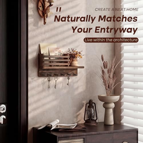 Rebee Vision Pine Wood Key Holder Wall Mount - Farmhouse Mail and Key Holder for Wall with Floating Shelf & 6 Hooks - Decorative Mail Organizer with Round Corner for Home Decor (Brown) - color: Brown