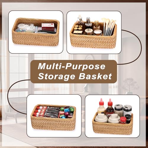 BTSKY Small Remote Basket for Coffee Table Entryway Living Room Rattan Serving Tray 9.6'' x 6.5'' Handwoven Wicker Baskets Decorative Tray for Wallet Remote Control Trinkets Rings Cosmetics Crackers - size: 9.6'' X 6.5'' X 3.1''