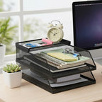 2-Tier Stackable Paper Tray Organizer with Top Tray, Metal Mesh Desktop File Holder & Document Sorter for Office, Home, Learning Places (Black)