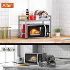 PUSDON Expandable Microwave Oven Rack, 2-Tier Countertop Baker's Rack Style Shelf, Heavy Duty Stand with 3 Hooks, 160lbs Capacity Stainless Steel Appliance Match, Silver Gray - color: Silver Grey, size: H-frame 2 tier