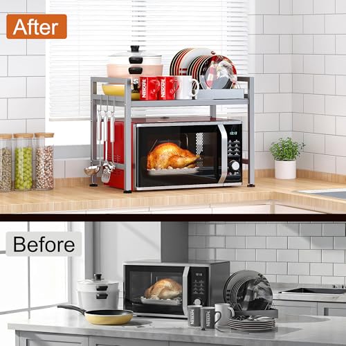 PUSDON Expandable Microwave Oven Rack, 2-Tier Countertop Baker's Rack Style Shelf, Heavy Duty Stand with 3 Hooks, 160lbs Capacity Stainless Steel Appliance Match, Silver Gray - color: Silver Grey, size: H-frame 2 tier
