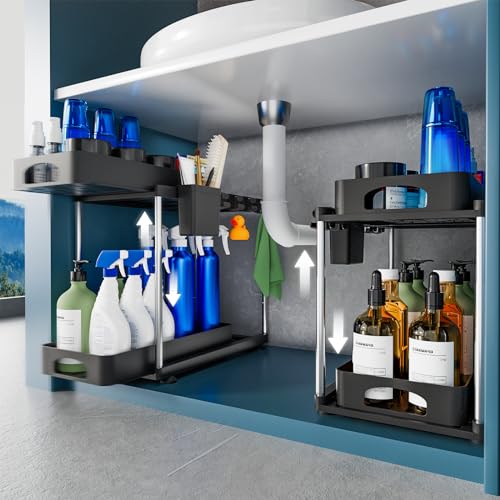 VERIFOST 2 Pack Under Sink Organizer, 2 Tier Under Sink Organizers and Storage for Kitchen Bathroom, Height Adjustable Cabinet Organizer with Two Slide-Out Drawers,Black - color: Black