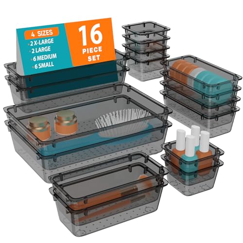 WOWBOX 16 PCS Clear Plastic Drawer Organizer Set, 4 Sizes Desk Drawer Organization and Storage Containers for Makeup, Cosmetics, Jewelry and Gadgets in Kitchen, Bathroom, Bedroom, Office, Clear Black - color: Black, size: 16 PCS