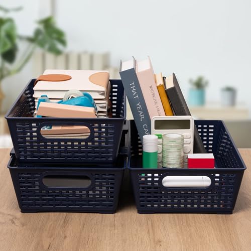 Tiawudi Stackable Woven Plastic Basket, Storage Bins for Cabinet, Closet, Shelf, Under Sink and Countertop, Pantry Organizer Bins, 6 Pack - color: Dark Blue