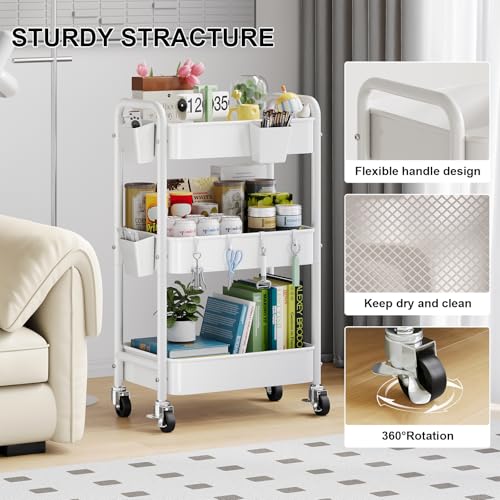 3 Tier Rolling Cart Metal with Wheels, White Three Tiered Craft Cart Organizer on Wheels, Storage Utility Carts for Art, Baby Nursery,Diaper Caddy, Cleaning Supplies, Nail,Lash,Snack,Book,Roller Shelf - color: Light White, size: 3-Tier + Cups + Hooks