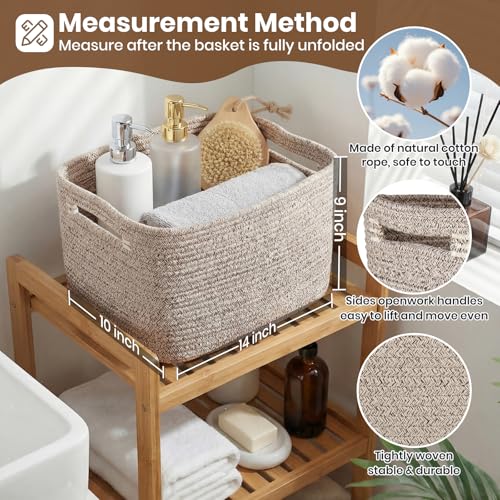 Storage Baskets for Organizing, 14 x 10 x 9” Closet Shelf Woven Baskets, Square Bins with Handles, Cotton Rope Basket for Toys, Clothes, Office, Room, Brown 1 Pack - color: Brown, size: 1pc