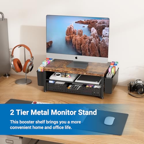 Wood Metal Monitor Stand Riser, Laptop Stand for Desk, Office Desk Organizer and Accessories, Computer Desktop Shelf with Drawer and Pen Holder, Printer Stand for Home, Office, Dorm (Brown) - color: Brown Wood