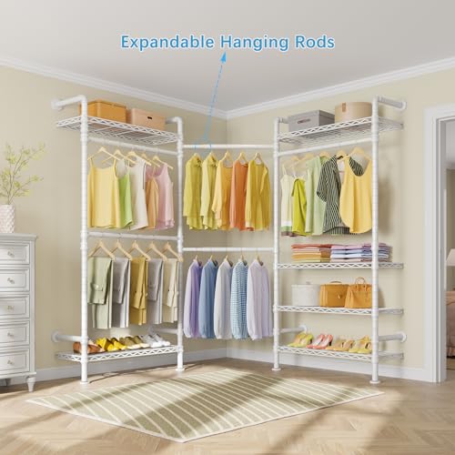 Timate F3 Garment Rack Heavy Duty Clothes Rack for Hanging Clothes, Expandable Industrial Pipe Wall Mounted Clothing Rack, Adjustable Storage Closet Wardrobe Closets System, White - color: White, size: F3