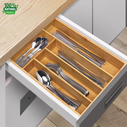 guiogc Kitchen Bamboo Silverware Drawer Organizer，Silverware Organizer and Cutlery Tray with Grooved Drawer Dividers for Silverware, Knives in Kitchen, Bedroom (5 Slot-Natural) - size: 5 Slot