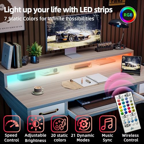 TIQLAB Standing Desk with Two Drawers, Stand Up Standing Desk Adjustable Height, Electric Sit Stand Table with Storage Shelf and Splice Board, with LED Light, 47 * 28 inch, Light Walnut - color: Light Walnut, size: 47*28 inch with keyboard tray