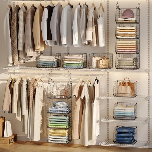 4 Tier Closet Hanging Organizer, Closet Organizers and Storage with 5 S Hooks, Closet Hanging Shelves & Freestanding Wire Storage Basket Bins, for Clothing Shoes Handbags Clutches Accessories Patent - color: Black