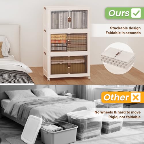 SAILUN 87Gal/348Qt Stackable Storage Bins Folding Collapsible Storage Bins with a Lid, Closet Organizers and Storage,Blush White 26" W x 17" D x 43.7" H - color: Blush White, size: 1 Lid 3 Pack-26" W x 17" D x 43.7" H