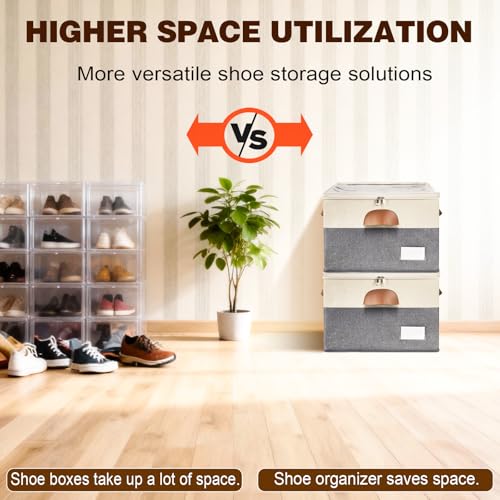 2 Pack Shoe Organizer for Closet, Adjustable Shoe Box Storage Containers, Large Foldable Shoe Bins with Clear Cover, Space Saving Shoes Holder with 4 Handles, Fits 16-32 Pairs, Beige - color: Beige and Grey, size: (2 Pack) 17"L x 17"W x 12 ½"H