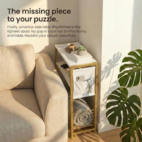 Skinny Side Table with Storage, 3 Tier Slim Side Tables for Small Spaces, Skinny End Table Narrow Bedside Table Narrow Side Table for Living Room, Bedroom - color: White Gold