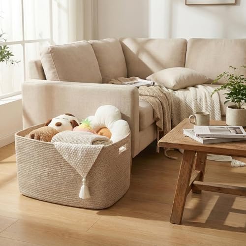 JMvicyroam Woven Blanket Basket,65L Large Storage Bin for Blankets Toys Clothes,Decorative Rope Basket for Living Room Bedroom with Handles, Oatmeal - color: Oatmeal, size: 65L