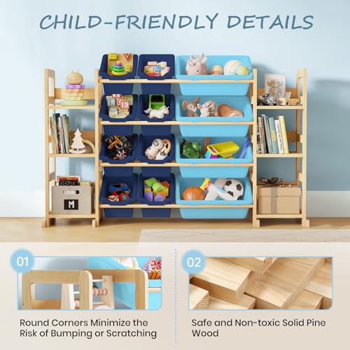 EXPERLAM Extra Large Toy Storage - Toy Storage Organizer, Wooden Toy Organizer with 6 Side Shelves and 12 Bins, 3-in-1 Bookshelf for Kids Rooms, Bedroom, Playroom, Nursery, Blue - color: Blue, size: 52 inches (L) x 11 inches (W) x 31.5 inches (H)