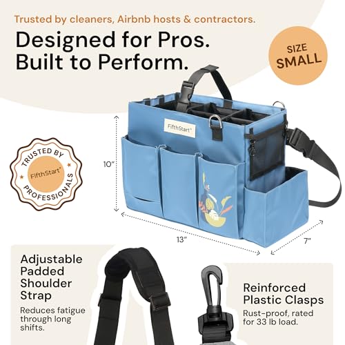 FifthStart Multiuse Cleaning Caddy with Waist, Shoulder Strap 9 Pockets, Mesh Base & Adjustable Compartments - Cleaning Caddy - Cleaning Supplies Organizer (Blue, Small) - color: Blue, size: Small
