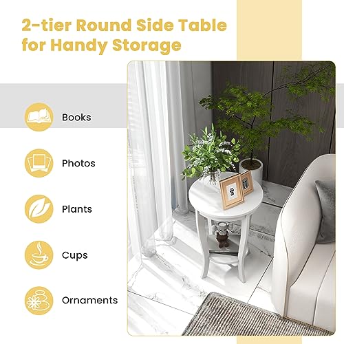 GOFLAME 2-Tier Round End Table, 18” Sofa Side Table with Storage Shelf, Floor Tea Table with Solid Wood Legs, Compact Nightstand for Small Space, Living Room, Bedroom, White - color: White