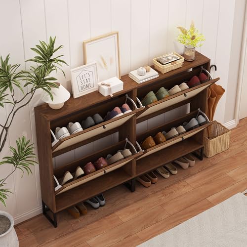 AVZEAR Freestanding Shoe Organizer with 2 Flip Drawer Doors, Entryway & Closet Shoe Storage, Linen Doors, Walnut - color: Walnut, size: 2 Drawers Single Layer