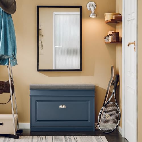 Haotian Shoe Storage Bench with Cushion, Navy Narrow Shoe Rack for Entryway, Small Shoe Cabinet with Flip-Drawer, Closet Hallway Mudroom FSR82-L-B - color: Navy, size: 1 Drawer:29.5x9.4x20"