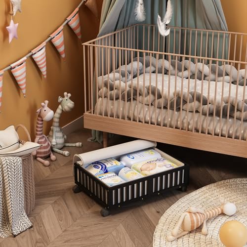 Bamboo Under Bed Storage Containers with Wheels, 2 Pack Under the Bed Shoe Storage Bins, Wood Rolling Underbed Drawers Organizer for Bedroom, Closet, Clothes Blanket Comforter and Under Crib Toy Black - color: Black, size: 2 PCS (23.62"×16.54")